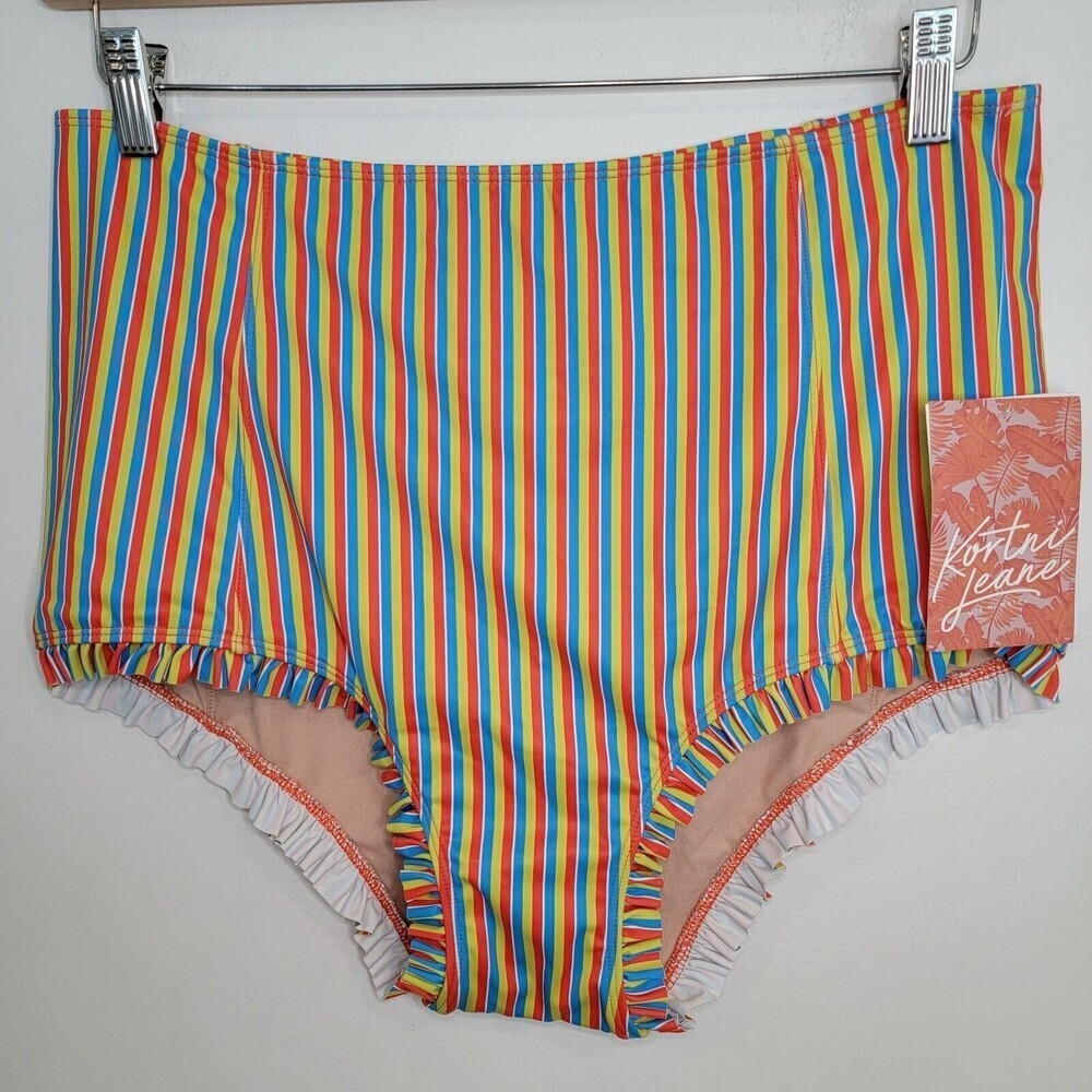 NWT Kortni Jeane High Waisted Primary Stripe Striped Ruffle Swimsuit Bottom 2XL